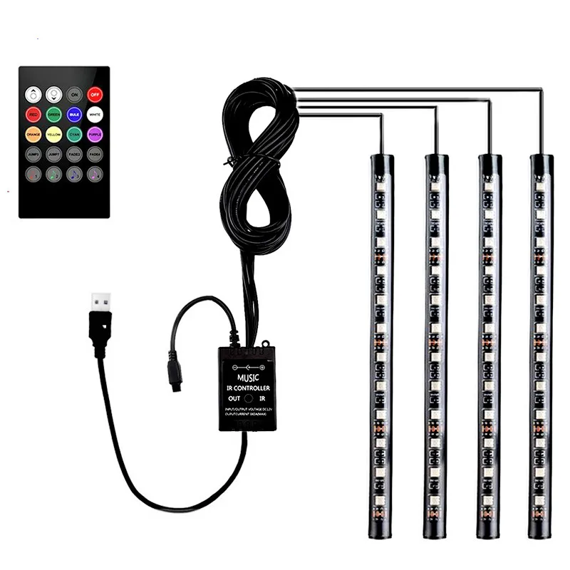 

4pcs Car RGB LED Strip USB Port Interior Light Multicolor Music Atmosphere Sound Active Function LED Strip LED Lighting