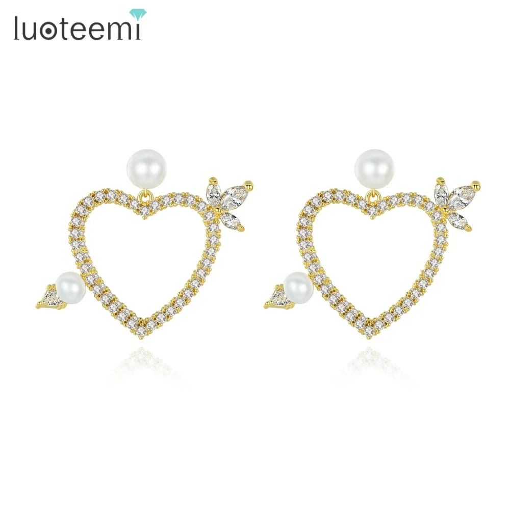 

LUOTEEMI Brand New Big Love Heart Drop Earrings for Women Fashion Jewelry CZ Stone Pearl Dangle Earrings Bijoux Christmas Gifts