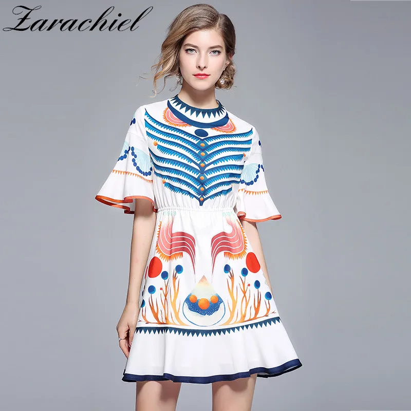 

New 2019 Summer Designer Runway Dress Women's Butterfly Sleeve Vintage Printed Dress Casual Artificial Silk Mini Dress S-XXL