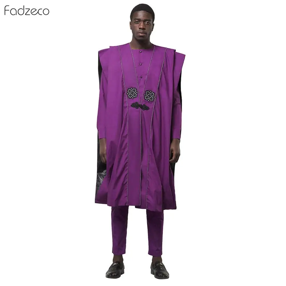 Fadzeco Agbada Мужская африканская 3 шт размера плюс Дашики фиолетовая вышивка бубоус Топы рубашка брюки мужская одежда формальный наряд - Цвет: Purple