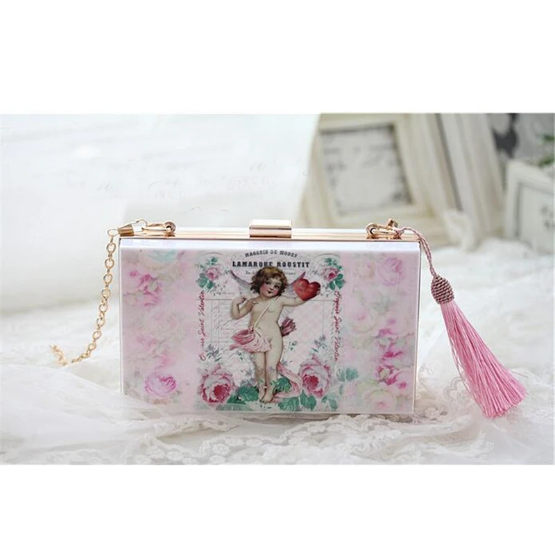 Vintage print Acrylic Clutch Bag Retro angel pattern Box Evening Bags Party Women Shoulder Crossbody Chain tassel Purse Handbags Vintage print Acrylic Clutch Bag Retro angel pattern Box Evening Bags Party Women Shoulder Crossbody Chain tassel Purse Handbags