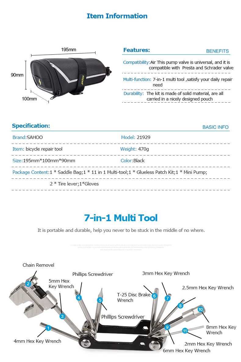 Sahoo 21929 Многофункциональный 11 в 1 Велоспорт ремонт велосипеда набор инструментов с седлом Сумка воздушный насос рычаг шины металлический Rasp патч