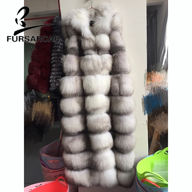 

FURSARCAR Real Fur Vest For Women With Fox Fur Hood Natural Genuine Fox Fur Gilet 130 CM Winter Long Waistcoat
