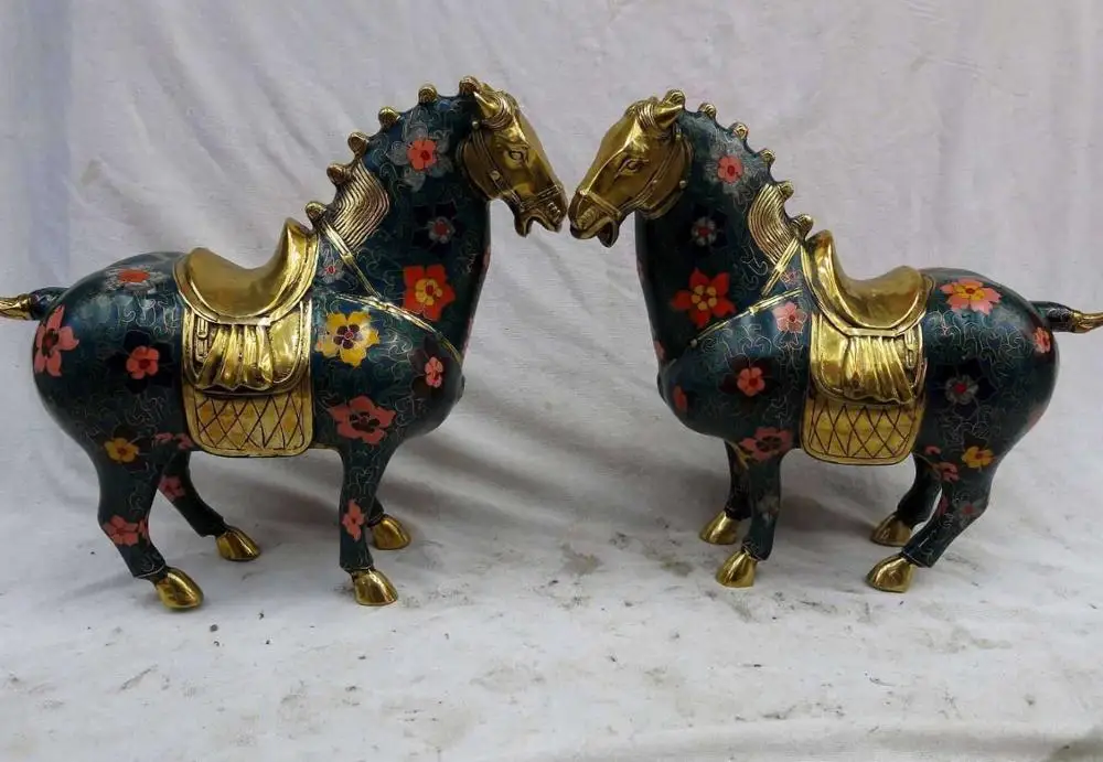 

12" China Cloisonne bronze gild carved Beautiful horse pair Sculpture Statue