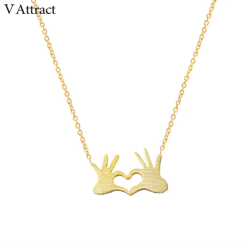 

V Attract Stainless Steel Chain Collier Lovers Heart Necklaces Pendants BFF Jewellery Double Hand Charm Choker For Women Gift