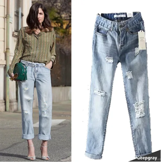 

Europe and the United States new wave hole retro old worn white women's loose harem pants jeans nine pants