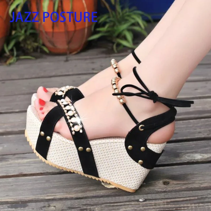 

2019 summer shoes fashion Fish mouth Wedges wild hand-beaded rivets female sandals rhinestone wedge shoes y164