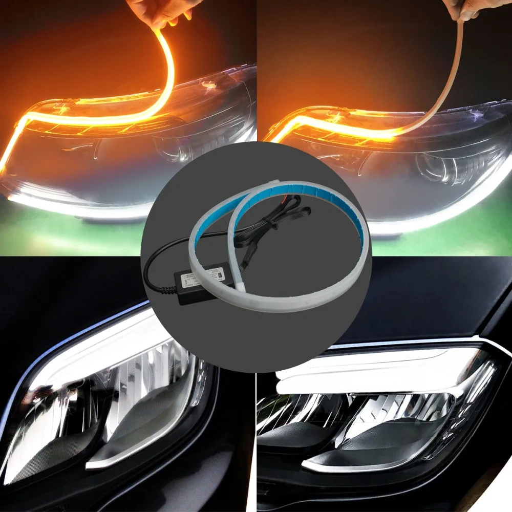 

2X60cm Flexible Slim LED Strip Light Waterproof Flexible Turn Signal DRL Running Light Yellow Flowing Daytime Running Lights 12V