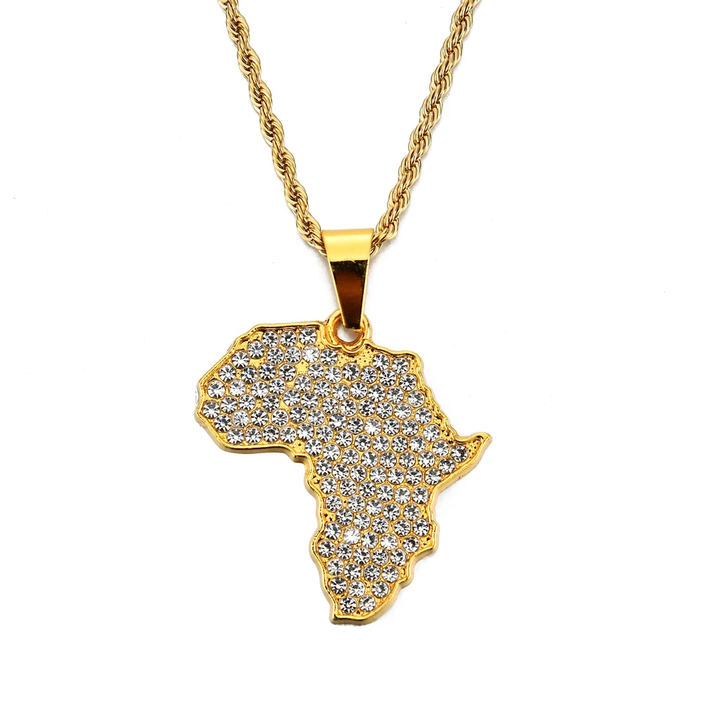 

New 24inch Stainless Steel chain Hip Hop Men Women Crystal Africa Map Pendant Necklace Jewelry Bling Bling N838