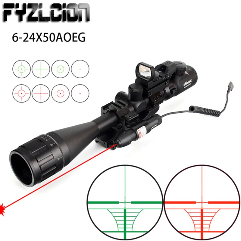 

Tactical Optics 6-24x50 AOEG Rangefinder Reticle Rifle Scope with Holographic 4 Reticle Sight Red Green Laser Combo Riflescope