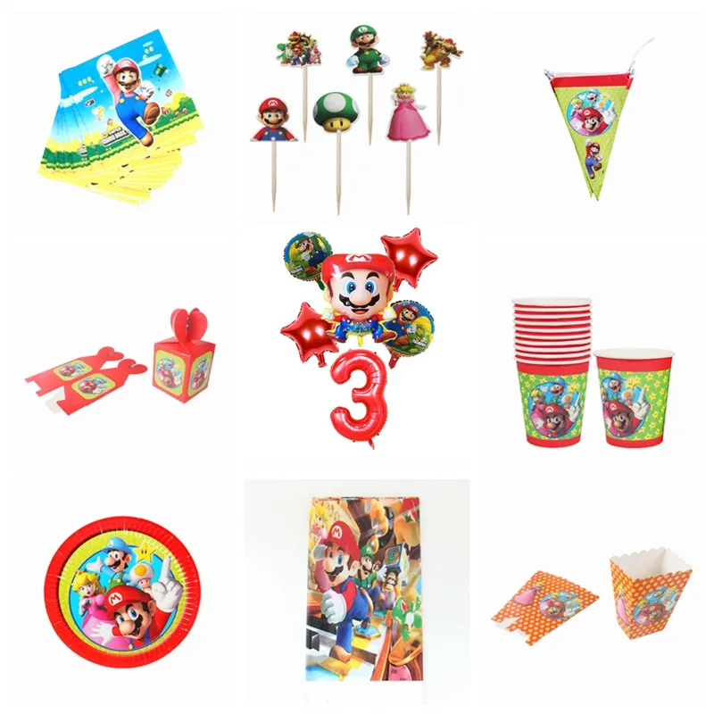 

Super Mario theme disposable plates cups napkins Mario Bros themed party decorations candy boxes blowouts banners kid birthday