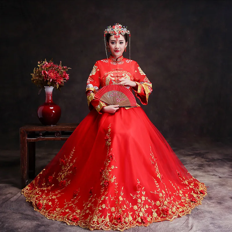 Невесты винтажное китайское платье ченсам Стиль свадебное платье в ретро-стиле праздничный костюм леди с вышивкой в виде феникса платье