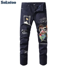 Sokotoo мужские джинсы с принтом каракули, узкие прямые цветные окрашенные темно-синие брюки