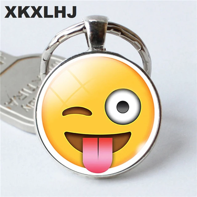 Silver Color Multi Emoji Pictures Glass Cabochon Keychain Smile Smileys Face Key Chain Keyring