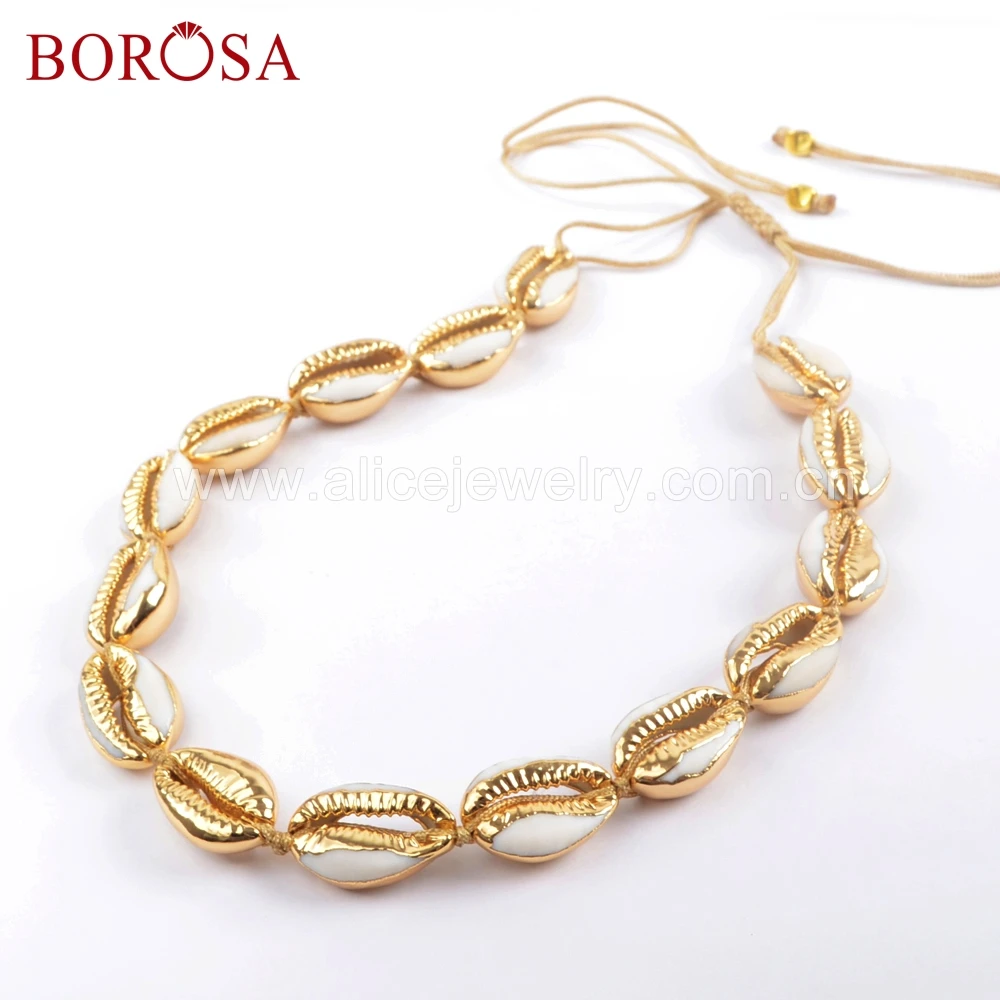 

BOROSA 2/3PCS Pure Handmade Gold Color 15 Natural Cowrie Shells Adjustable Rope Choker Natural Shell Necklace Jewelry HD0015