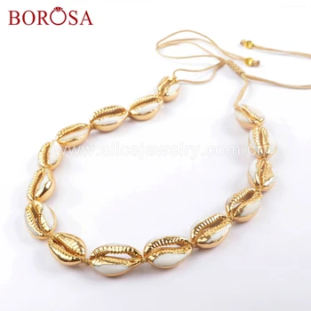 

BOROSA 2/3PCS Pure Handmade Gold Color 15 Natural Cowrie Shells Adjustable Rope Choker Natural Shell Necklace Jewelry HD0015