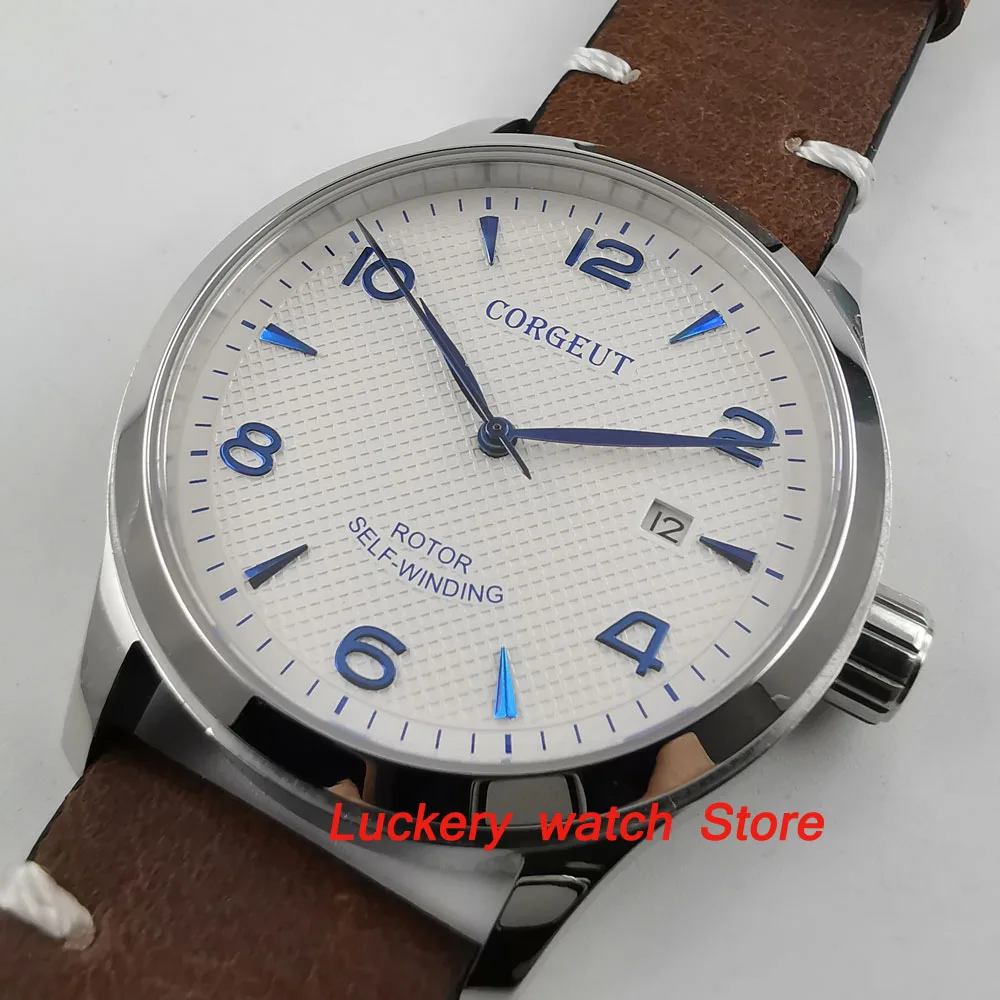 42mm corgeut men's watch white dial blue hands and marker sapphire