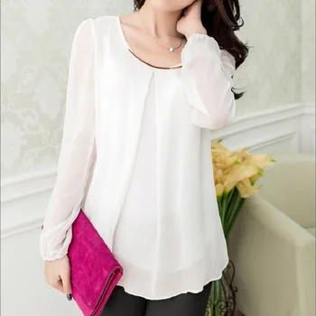 

Nice Fashion Womens Chiffon Blouse Round Neck Long Sleeve Solid Color Casual Loose Tops Summer Spring Shirts Plus Size 2XL Q428