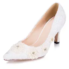 Sexy White/Ivory Lace Bridal Shoes Women Wedding Shoes 7cm Heels Slip ON Party Shoes Spring Autumn Pumps JM1511