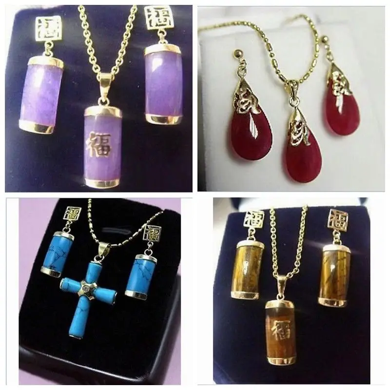 

Ladies Jewelry Set Jade/Turquoise/Tiger's Eye Gmestone Necklace Earrings Set