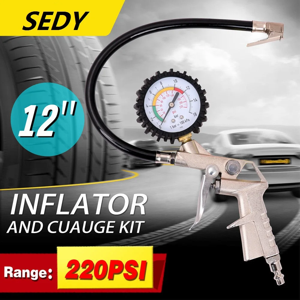 

SEDY 220PSI Tire Pressure Gauge Car Air Dial Meter Vehicle Inflation Gun Self-locking Pistol Grip Trigger Inflator For Auto