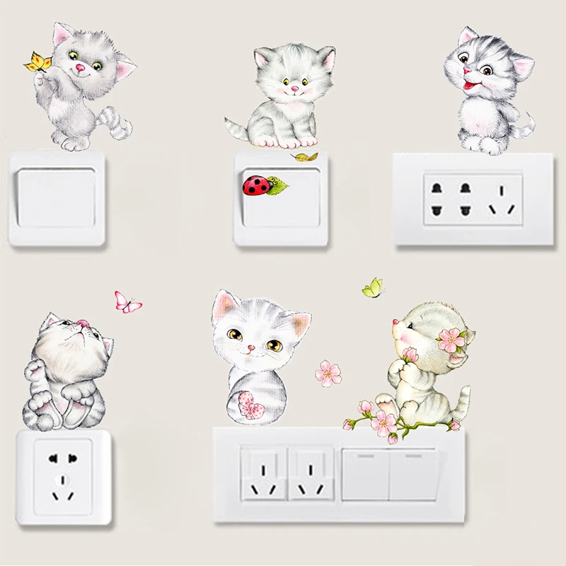 

Cute Cats Decorative Switch Wall Stickers For Cup Computer Phone Decor DIY Home Living Room PVC Kitten Wall Mural Art Decoration