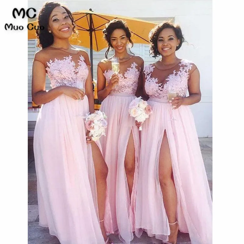 Lace Appliqued Bodice Pink Chiffon Long Mismatched Bridesmaid Dresses with Slit