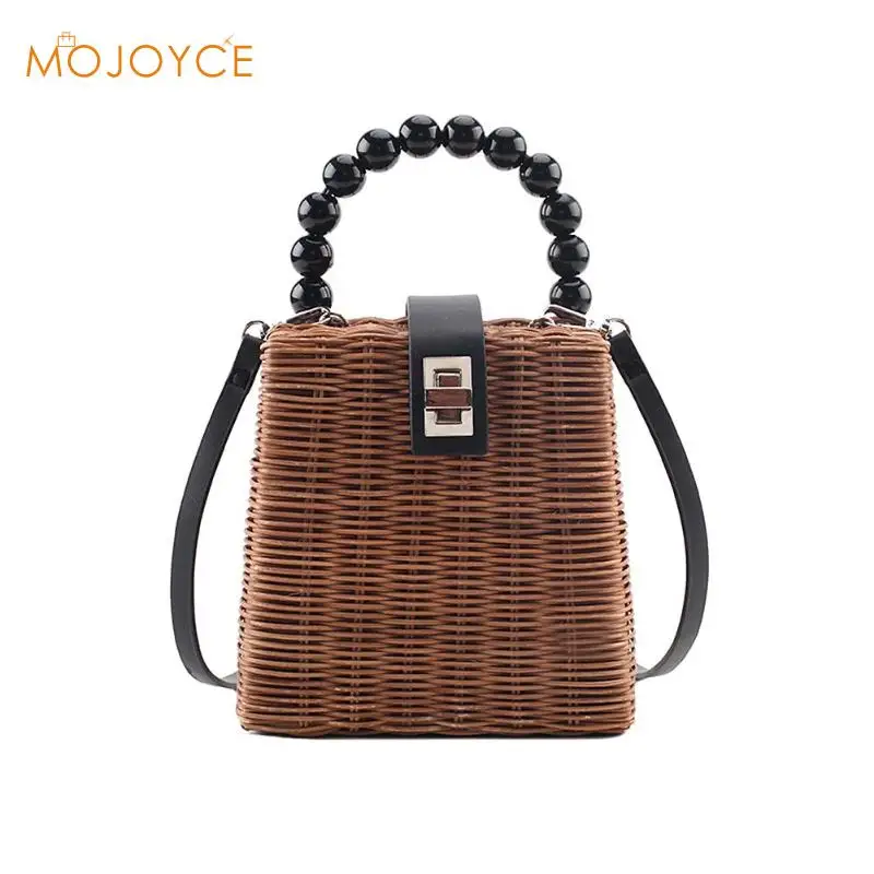 

New Pattern Weave Woman Fashion Beach Straw Shoulder Handbag Women Beads Small Messenger Crossbody Top-handle Summer Bags
