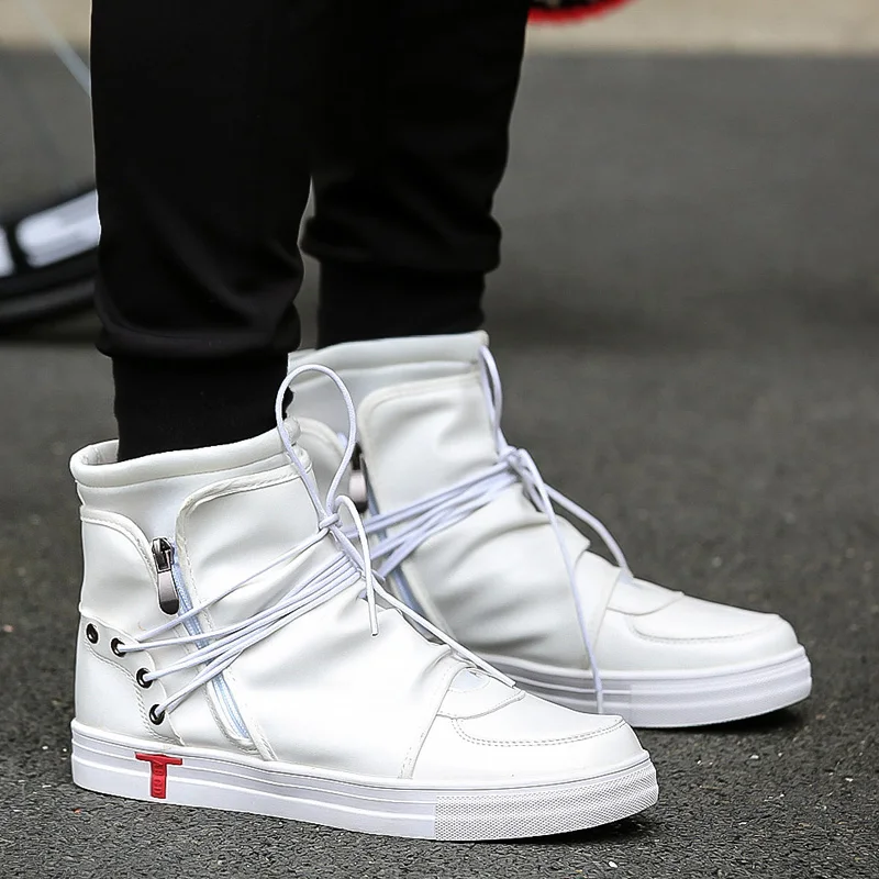 Los nuevos Hombres Casual Zapatos Justin Bieber Pu Cuero de Hombres de Alta Shoes Moda Lace Up Transpirable Hip Hop Zapatos de Los Hombres de Negro blanco|shoes men|shoes
