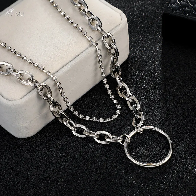 

AOMU Exaggeration Big Circle Pendant Double Layer Alloy Necklace Crystal Rhinestones Clavicle Chain Necklaces Jewelry For Women