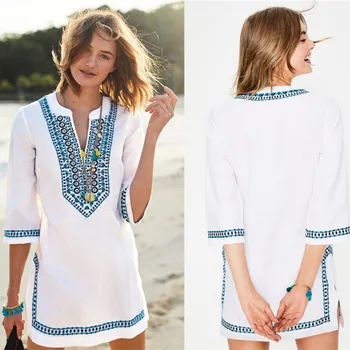 

Beach Cover Up Plus Size Saida De Lace Clothing Long Mayokini Summer Suit Embroidery Neck Dress Skirt Smock Upper Garment Female