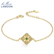 LAMOON 2mm 0.06ct 100% Natural Emerald 925 Sterling Silver Jewelry 14K Yellow Gold Plated Chain Charm Bracelet S925 LMHI003