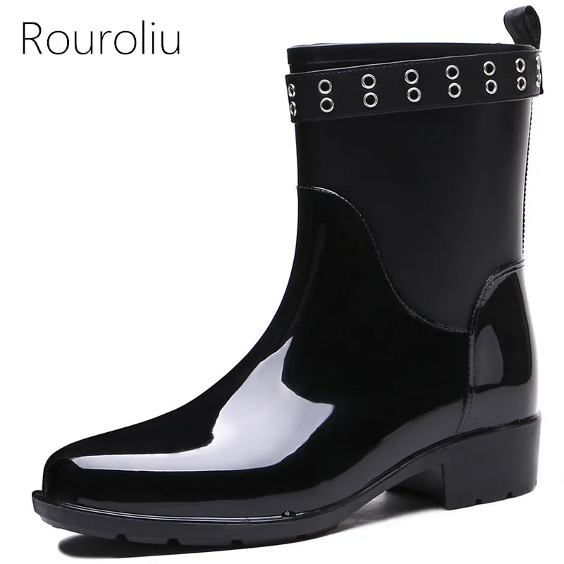 

Rouroliu Women Mid-Calf Rain Boots Autumn Winter Non-Slip Waterproof Water Shoes Punk Style PVC Woman Wellies RB235