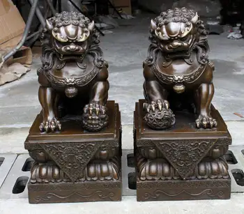 

18" China Bronze Copper Feng shui Palace Guardian Door Fu Foo Dog Lion Statue Pair