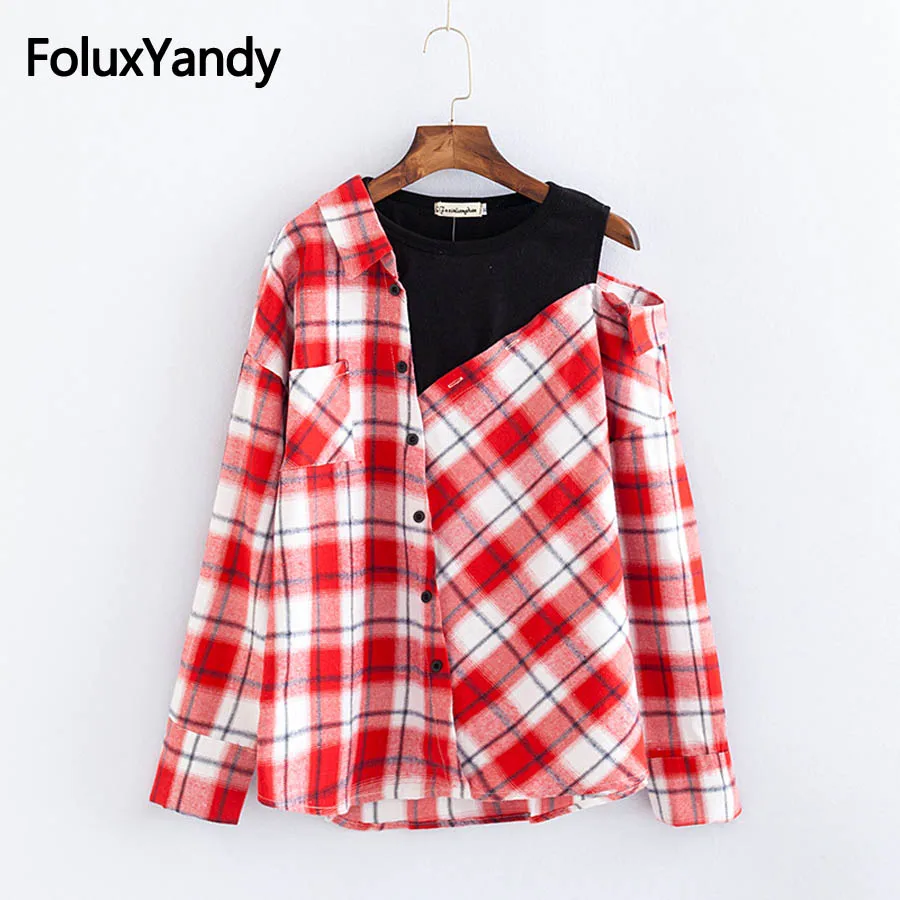 

Casual Asymmetrical Blouse Long Sleeve Women Plus Size 3XL 4XL Plaid Blouse Shirt KKFY2435