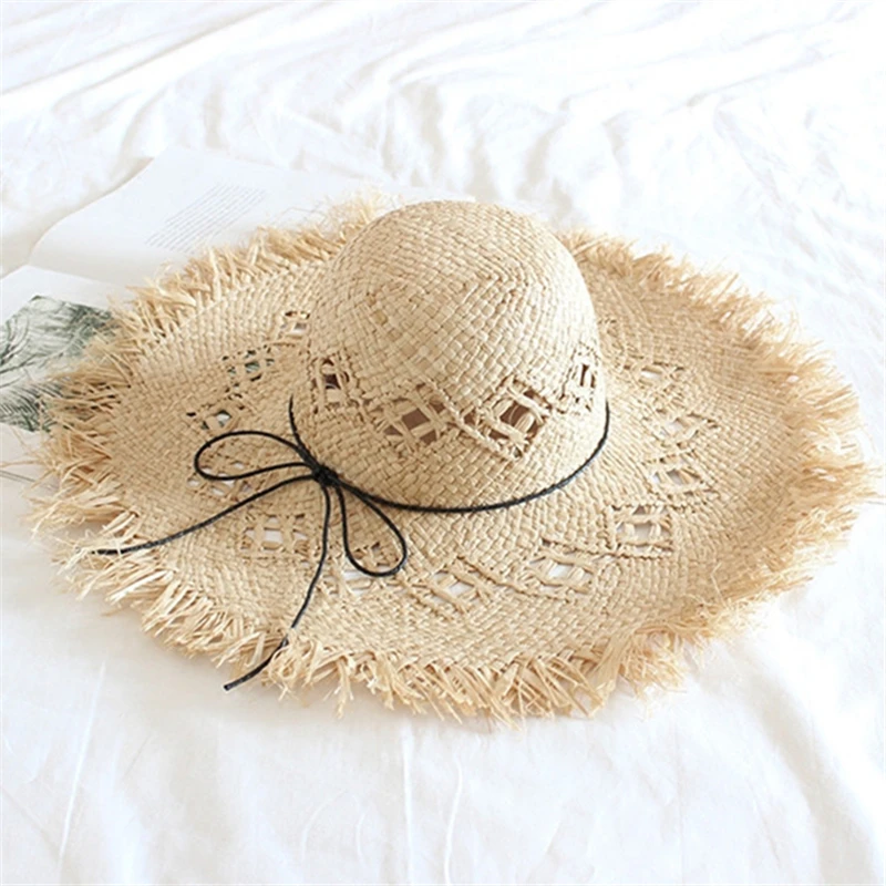 

Super Lafite straw hat Wide-brimmed grass female summer cap Hollow manual beach visor outdoor holiday beach sun protection hat