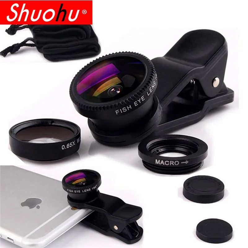 

Shuohu Universal 3In1+Clip Fish Eye Lens for Iphone 6 7 6S 5S SE Camera Wide Angle Macro Mobile Phone Lenses for Huawei Lentes