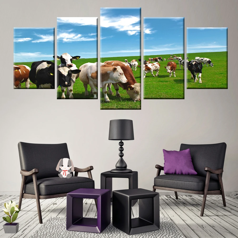 

HD print 5 pieces canvas art on the grassland cow painting canvas wall art living room