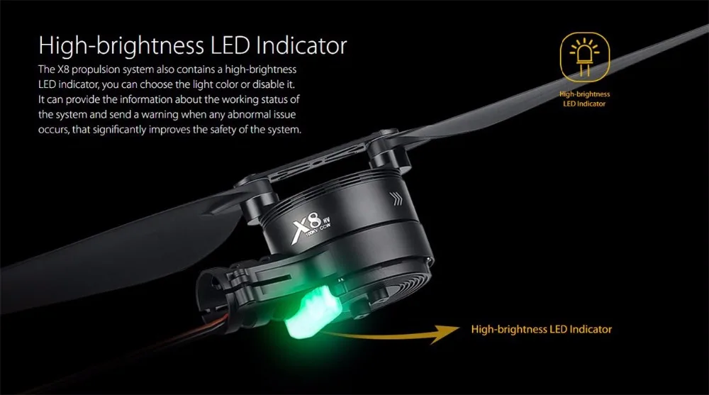 Hobbywing X8 Power System, the X8 propulsion system also contains a high-brightness LED indicator 