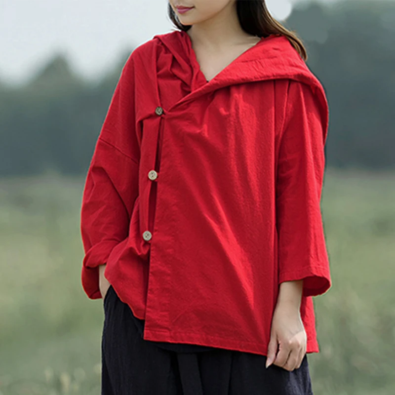 

Plus Size Women Casual Kimono Blouses Vintage Hooded Long Sleeve Button Female Blouse Retro Winter Autumn Tops Shirts Oversized