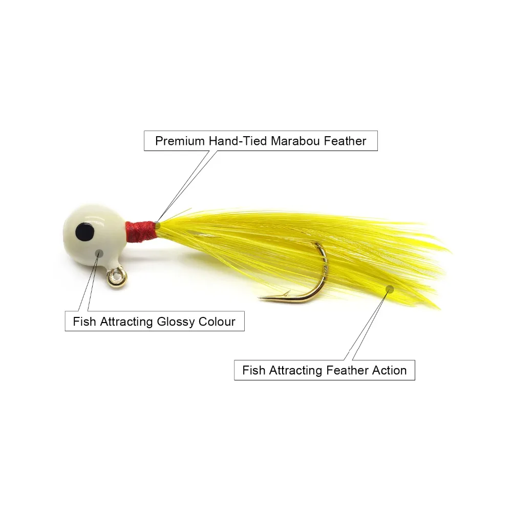 New 12 Feathered Crappie Jig Head Fishing Lures Tackle 1//32oz Feather Fish White