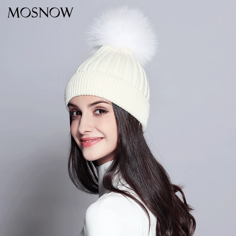MOSNOW Winter Hat Female Striped Black Red Fashion Knitted Wool Hats Fox Fur Pom Poms New 2017 High Quality Caps Bonnet #MZ732