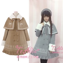 Часы кролик Вышивка Винтаж комплект из 2 предметов женская зимняя короткая накидка+ длинное пальто милая верхняя одежда Лолита воротник из искусственного меха 2 цвета