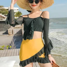 Купальники Купальник-бикини для девочек Женский купальник из двух частей пуш-ап цветов Falbala Слово Высокая талия из трех частей полиэстер