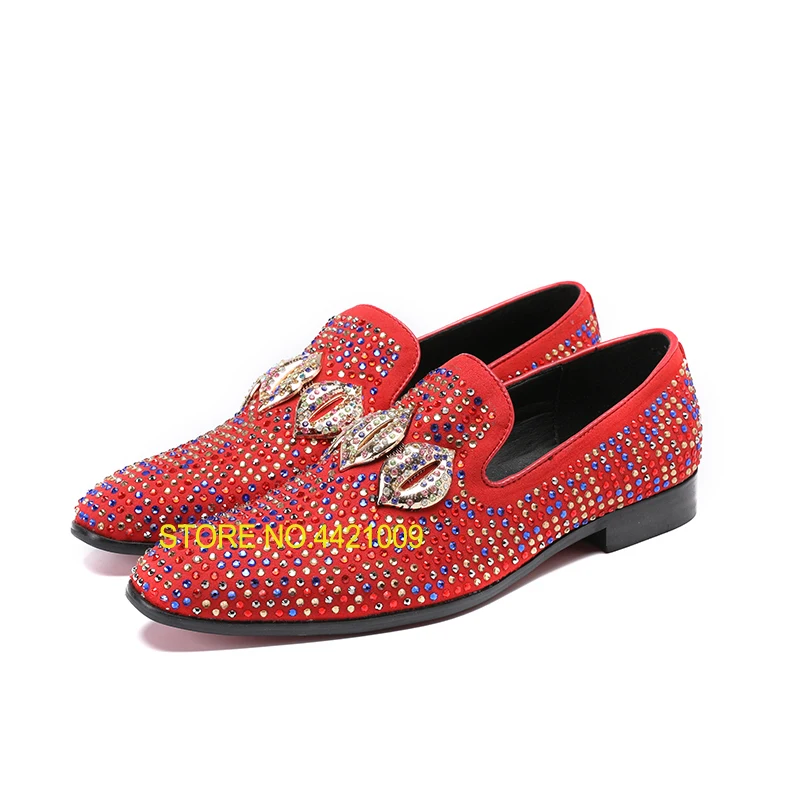 

Slip On Casual Loafers Red Crystals Men's Suede Crafted Slip-on Shoes The Focus of Floor Men Loafer for Wedding Prom and Banquet