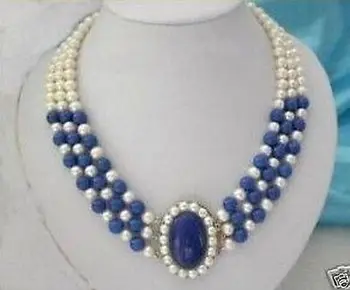 

3row 7-8mm white freshwater pearl red coral Lapis lazuli clasp necklace Bridal Wedding word shipping free