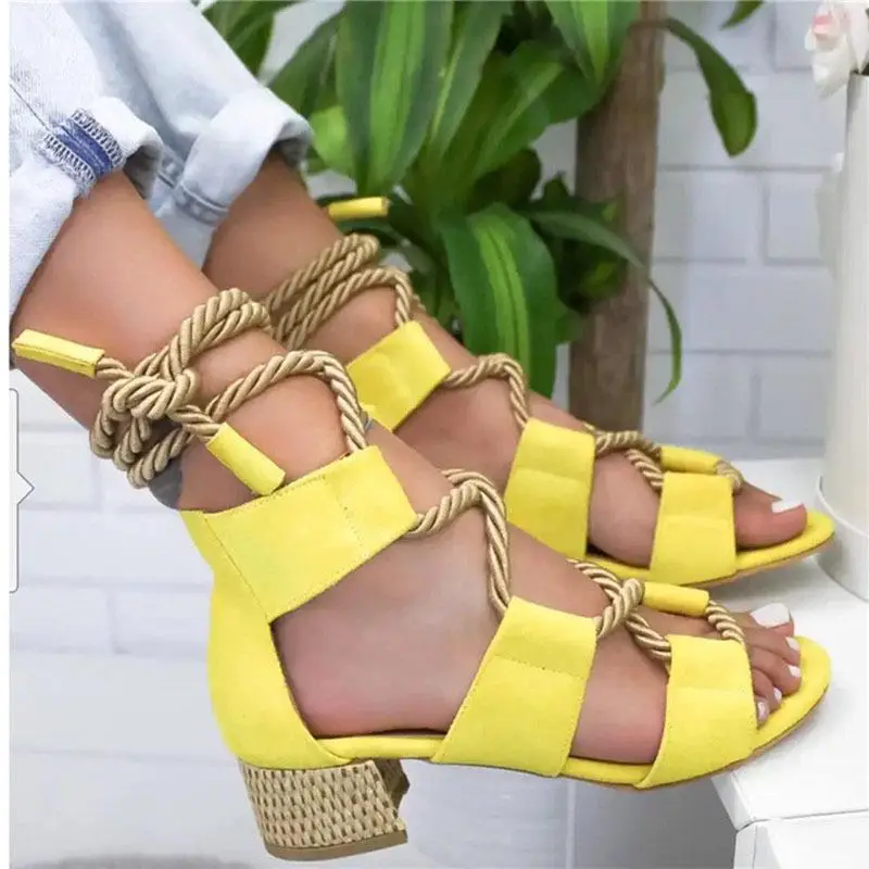 Women Sandals Lace Up Summer Shoes Woman Heels Pointed Fish Mouth Gladiator Pumps Hemp Rope High Knot rope Strap Sexy - Цвет: 695 Yellow