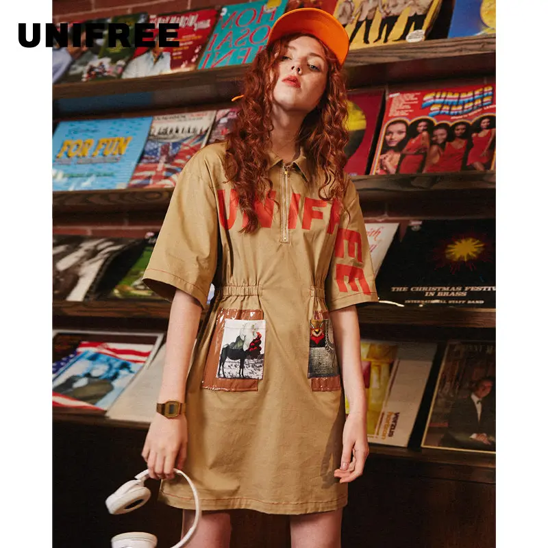 

UNIFREE 2019 summer dress women khaki top frock harbor fashion waist loose slim print short sexy dress U192I009CC