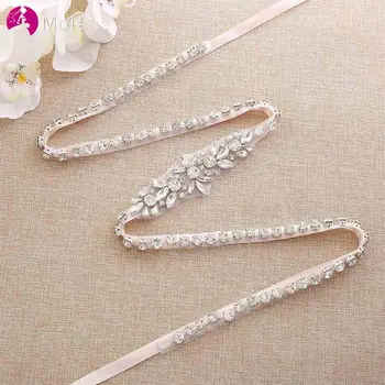 

MOLANS European 93 cm Silver Diamond Waist Seal Wedding Garment for Bride Handmade Beading Appliques with Silk Ribbon Cummerbund