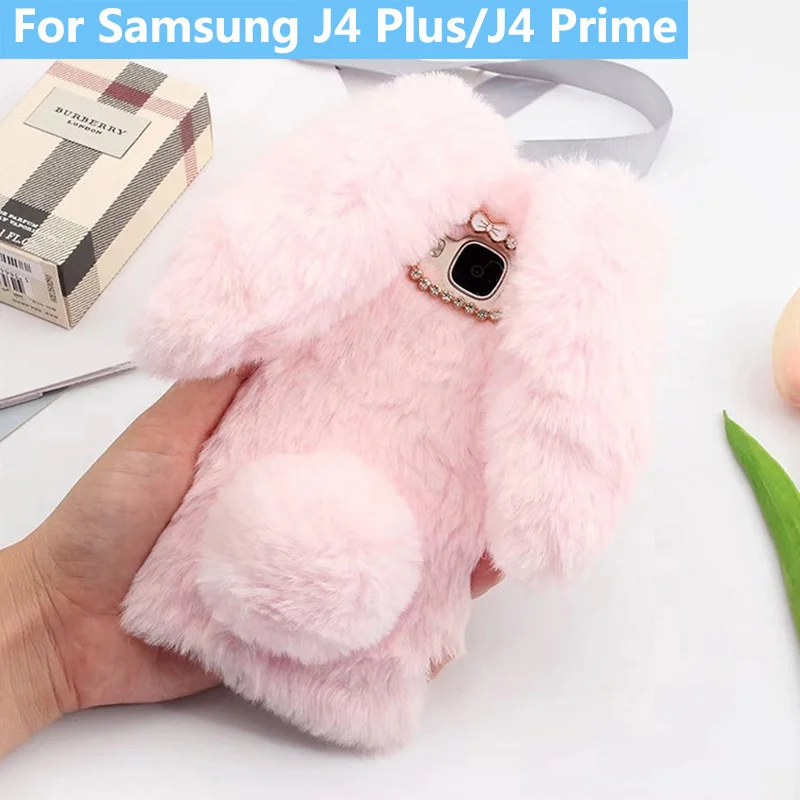 Plush Bunny Case for Samsung Galaxy J4 Plus Prime Soft Fur Cute 3D Rabbit Ears TPU Bling Diamond Fluffy Phone Cover | Мобильные